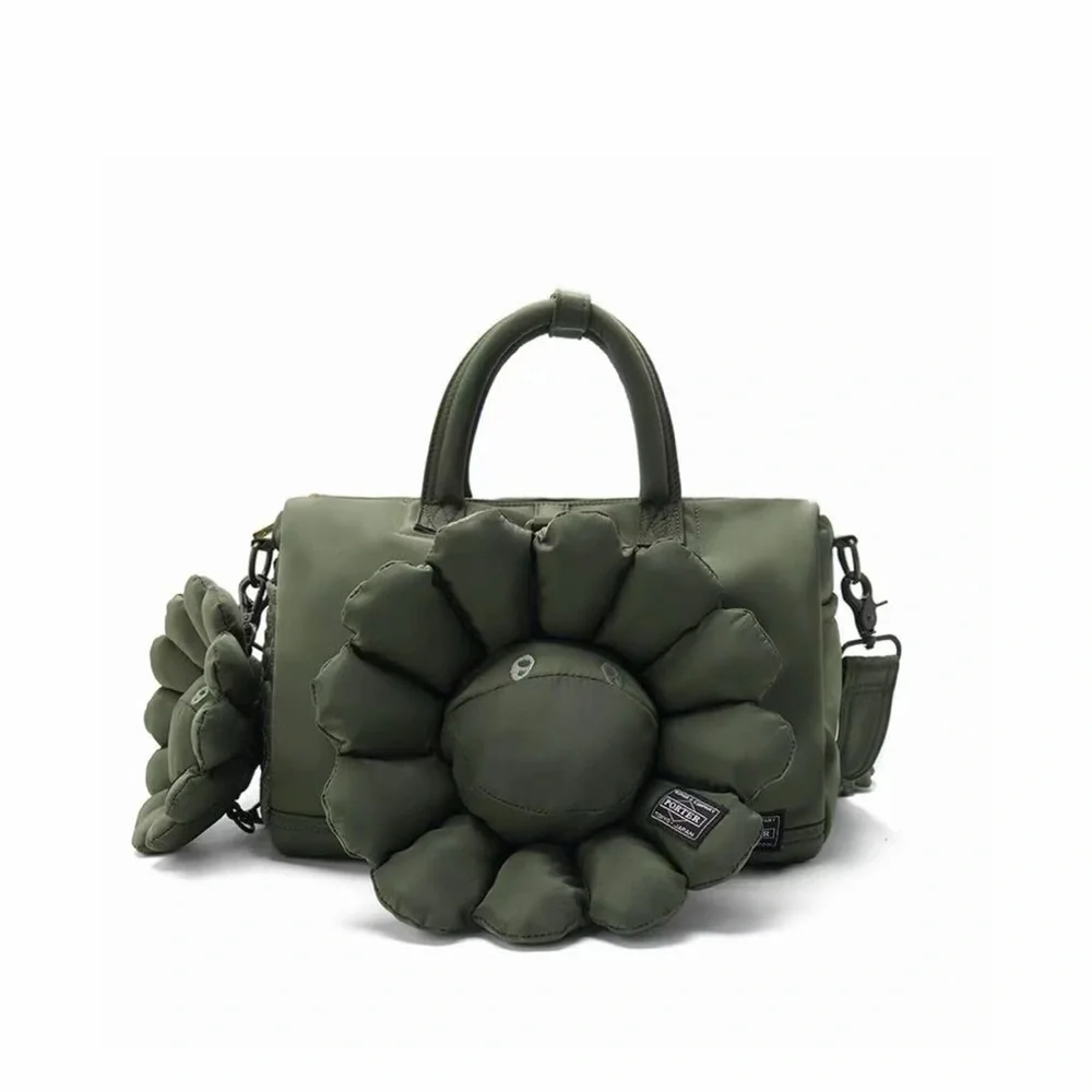 Quilted Daisy Accent Satchel Handbag - Olive and Navy - Picture 4 of 5